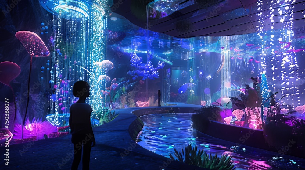 Poster bio-tech wonderland: step into a bio-tech wonderland, where bioluminescent flora blends with advance
