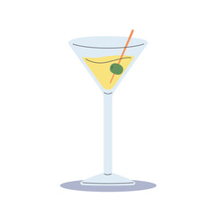 Classic cocktail, martini glass with olive. Refreshing drink. Flat cartoon style vector illustration isolated on white background