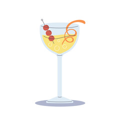 Classic refreshing drink in wine glass decorate with brandied cherries and orange peel leaf. Flat cartoon style vector illustration isolated on white background