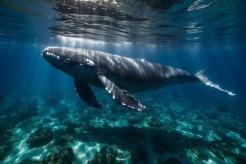 A giant whale swimming elegantly undersea
