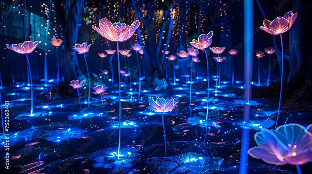 Aufkleber bio-tech wonderland: step into a bio-tech wonderland, where bioluminescent flora blends with advance