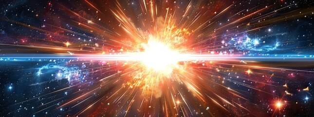 Bright light rays: horizontal bursts of an exploding star, showcasing flares, lights, and sparks  - obrazy, fototapety, plakaty