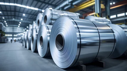 Velours gordijnen Packed rolls of steel sheet, Cold rolled steel coils in a warehouse. Neural network generated image. Not based on any actual person or scene. © lucky pics