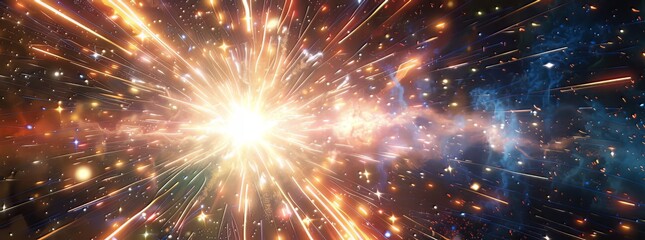 Bright light rays: horizontal bursts of an exploding star, showcasing flares, lights, and sparks  - obrazy, fototapety, plakaty