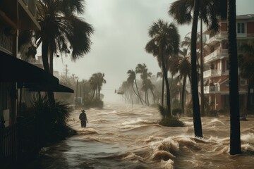 strong wind hurricane та island flood disaster, Hurricane in Florida state of United States, Ai generated