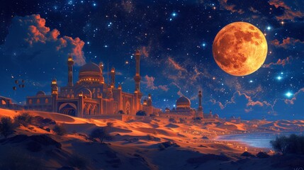 a magical Arabian nights scene in the desert with a palace and flying carpet and a genie - obrazy, fototapety, plakaty