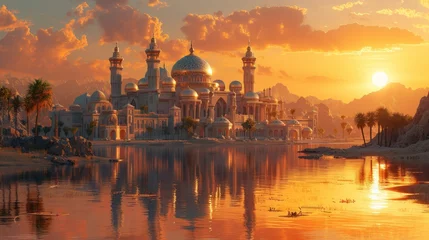 Tuinposter a magical Arabian nights scene in the desert with a palace and flying carpet and a genie © Ainur