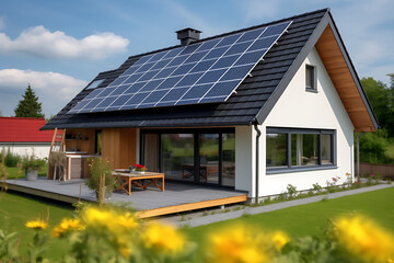 New modern eco friendly passive house with a photovoltaic system on the roof and landscaped yard. Solar panels on the gable roof