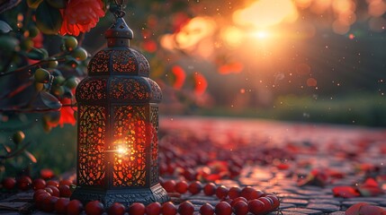 Capture of dimly lit image featuring Lantern Dates fruit and prayer beads for celebration of Ramadan and Eid.
