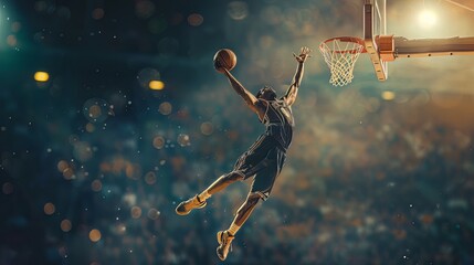 Capturing the intensity of a sports moment, the photograph freezes a basketball player mid-air, the determination in their eyes mirroring the competitive spirit of the game.  - obrazy, fototapety, plakaty
