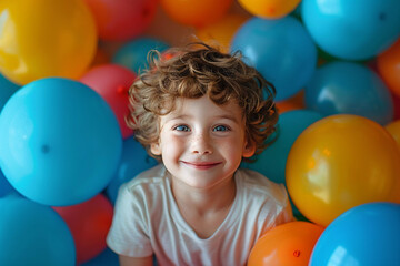 Fototapeta na wymiar Happy Child Playing in a Pool of Colorful Balloons. A delighted young boy with curly hair and sparkling eyes is surrounded by a multitude of colorful balloons, enjoying playtime.