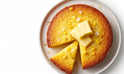 Sliced cornbread with butter on top on a white plate, top-down composition with copy space isolated on white background. Traditional American cuisine concept for design and print