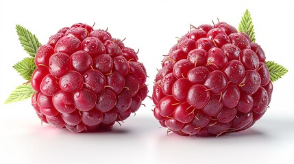A duo of succulent mature raspberries set apart on a blank background.