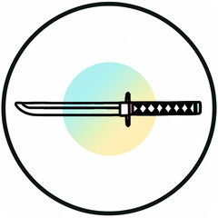 Fototapeta na wymiar Japanese Icon Katana Sword Minimalistic Circle Black Lines