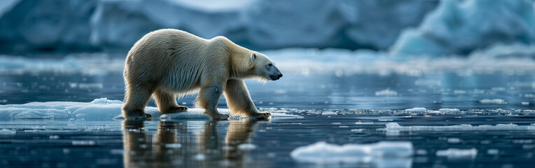 Polar Bear Roaming Arctic Ice Landscape.
A majestic polar bear treads carefully across the melting ice of the Arctic, highlighting the impact of climate change on wildlife.

 - obrazy, fototapety, plakaty