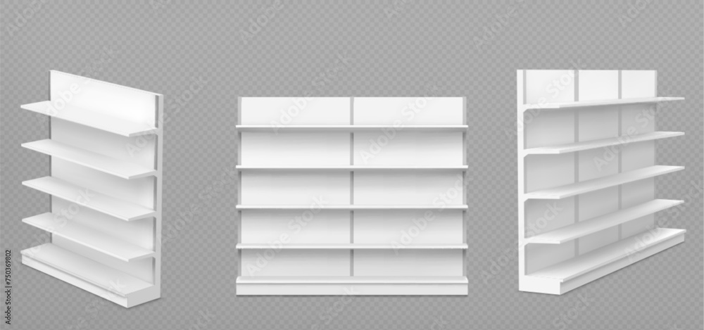 Poster white empty supermarket shelf mockup with racks for product display. realistic 3d vector illustratio