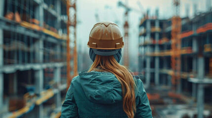 Fototapeta na wymiar Female Engineer Overlooking Construction Site. Rear view of a female engineer with a safety helmet observing a busy construction site, representing progress and development.
