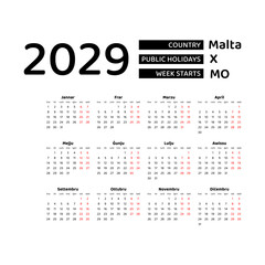 Calendar 2029 Maltese language with Malta public holidays. Week starts from Monday. Graphic design vector illustration.