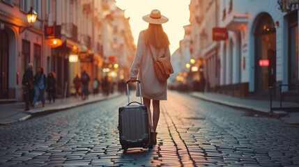 A female traveler strolling with luggage in a European city for tourism.