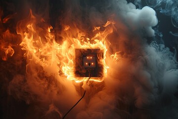 Electric outlet and cord engulfed in flames and plumes of smoke. - obrazy, fototapety, plakaty