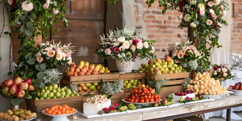 Fototapeta na wymiar Elegant wedding reception with a food display of fruits, cheese, and bread in decorative boxes, accented by flower and lantern arrangements.