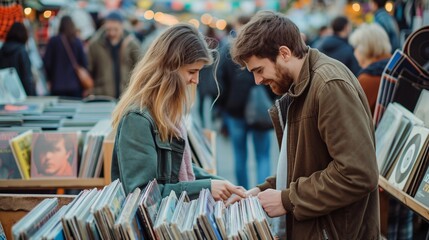 Youthful pair browsing vinyls at French flea market.