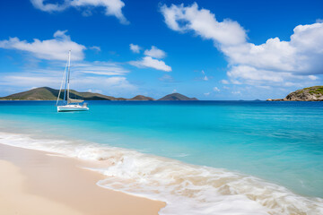 Fototapeta na wymiar A Picturesque Day at a Serene British Virgin Islands Beach with Azure Sky, Crystalline Ocean, and Lush Vegetation