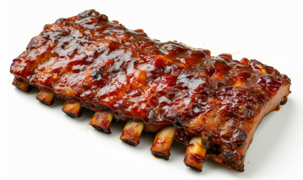 Barbecue ribs with caramelized sauce, top view isolated on white background. Smoky flavor grilling concept