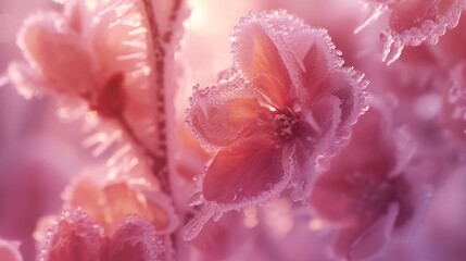 Close-up captures the graceful silhouette of sakura blooms coated in a delicate layer of frost, lending an ethereal elegance to the scene.