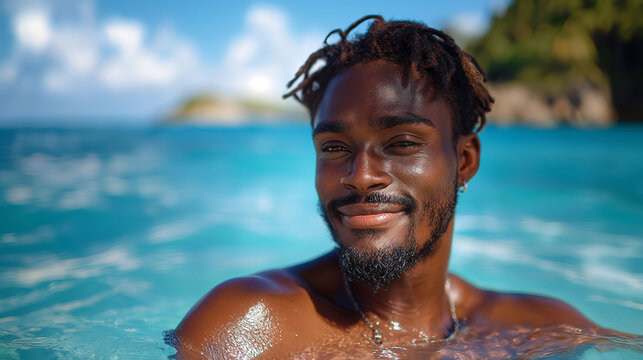 Attractive man swimming in an ocean