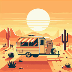 Recreational Vehicle Camping, old caravan in the middle of the desert with cactus  illustration