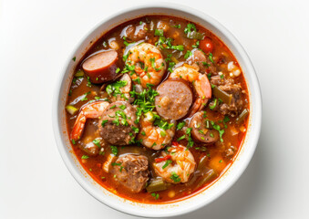 Gumbo with okra, seafood, and sausage in a tomato-based broth, top view isolated on white background. Rich cultural cuisine concept