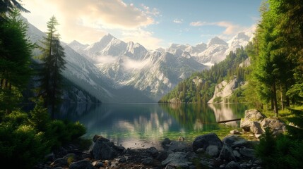 tranquil mountain lake - obrazy, fototapety, plakaty