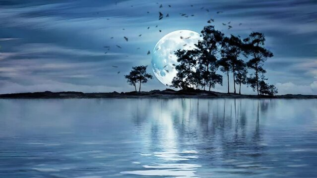 full moon over lake seamless looping 4k animation video background