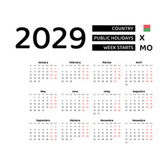 Calendar 2029 Malagasy language with Madagascar public holidays. Week starts from Monday. Graphic design vector illustration.
