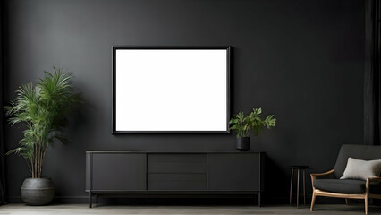 Blank space billboard, blank white signboard in stylish modern living room having houseplants on empty dark wall background, horizontal blank billboard for advertising placement