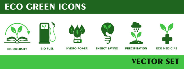 Fototapeta premium Eco green icon set. Containing biodiversity, bio fuel, hydro power, energy saving, precipitation, eco medicine. Solid icons green colors vector collection.