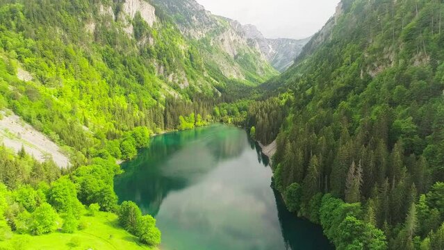 Drone footage of a very beautiful lake in the mountains