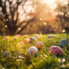 Easter Egg Hunt in a Garden on Sunlit Green Grass with Glowing Bokeh