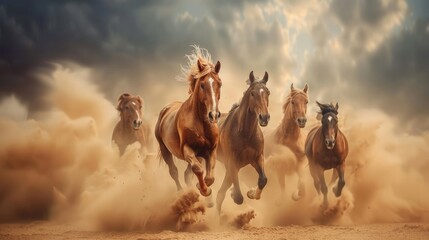 Horse herd run in desert sand storm against dramatic sky 