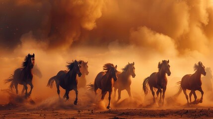 Fototapeta na wymiar Horse herd run in desert sand storm against dramatic sky 