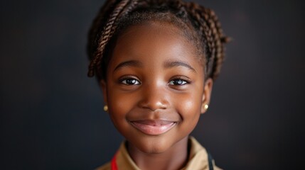 A black Liberian girl wearing a red khaki school uniform, smiling, charming eyes.