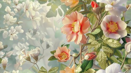 Obraz premium Fashion painting flowers on a light background, pastel flowers, peonies, roses, echeveria succulent, white hydrangea, ranunculus, anemone, eucalyptus, and vector design wedding bouquets