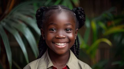 Foto op Aluminium A black Liberian girl wearing a red khaki school uniform, smiling, charming eyes. © sirisakboakaew