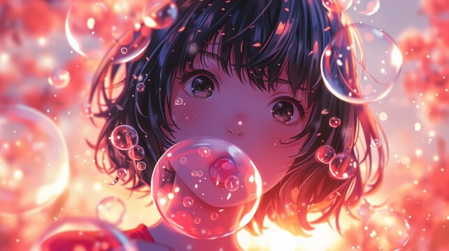 cute kawaii anime girl blowing a bubblegum bubble