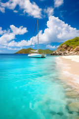Fototapeta na wymiar A Picturesque Day at a Serene British Virgin Islands Beach with Azure Sky, Crystalline Ocean, and Lush Vegetation