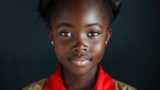 A black Liberian girl wearing a red khaki school uniform, smiling, charming eyes.