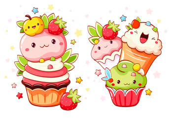 Set of cute sweet desserts in kawaii style with smiling face and pink cheeks. Cake, muffin and cupcake with whipped cream, cherry and strawberry. Vector illustration EPS8