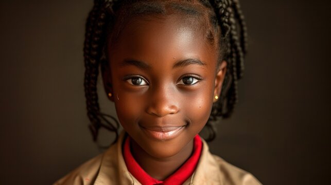 A black Liberian girl wearing a red khaki school uniform, smiling, charming eyes.