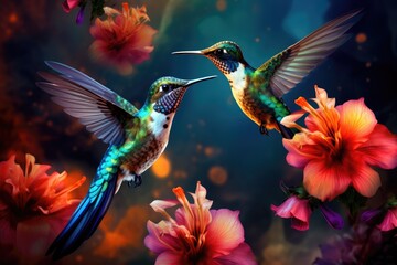 Obraz premium Humming birds hovering over brightly colored flowers, Hummingbird hovering over brightly colored flowers, Ai generated